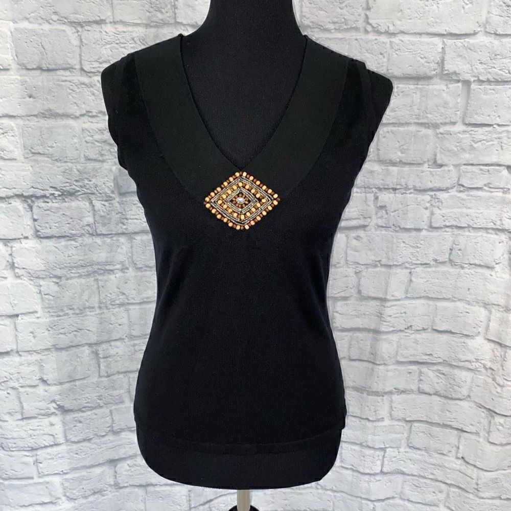 Venus silk blend sleeveless v-neck blouse w/center beadwork black sz L women